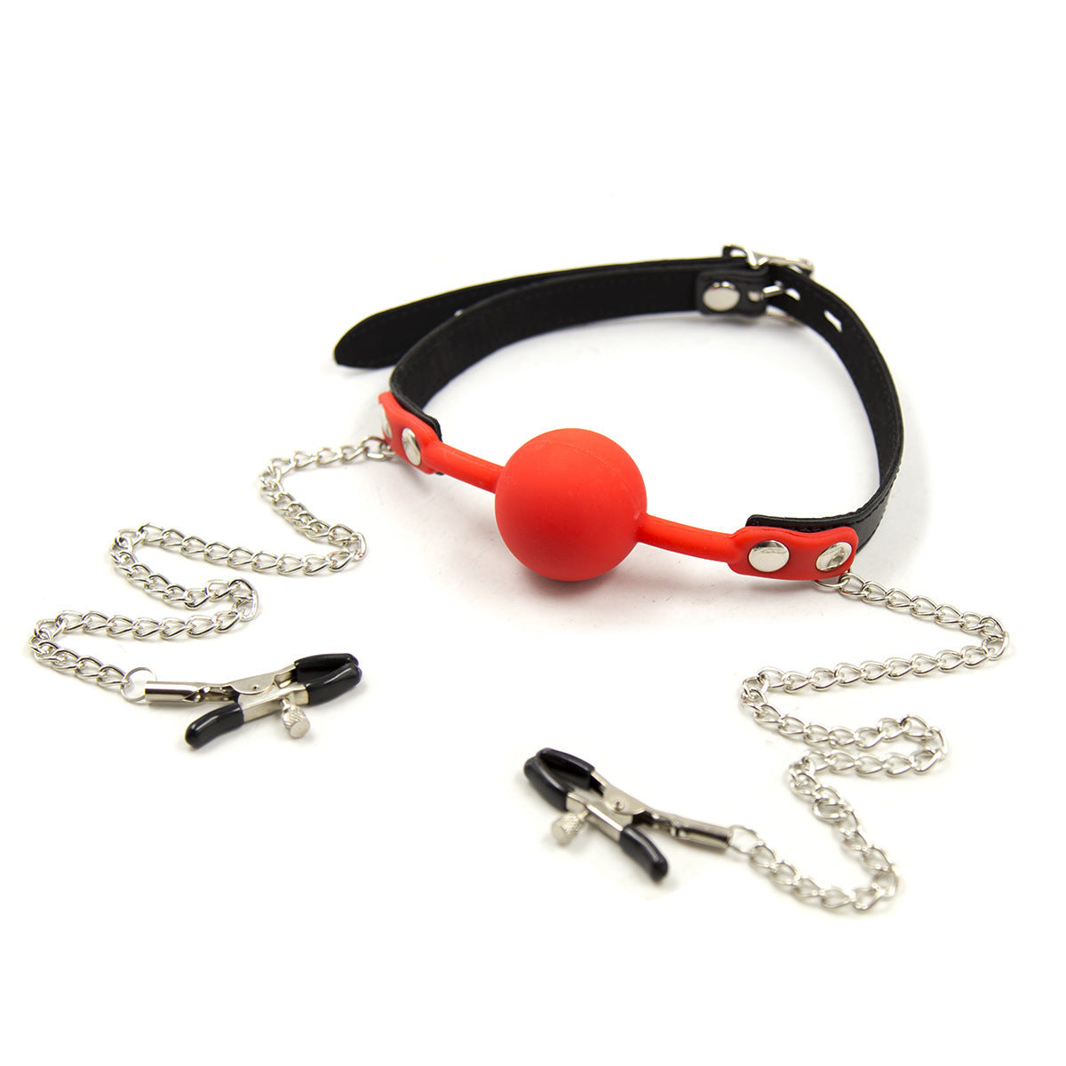 Black Dragon Bondage Ball Gag Red with Nipple Clamps