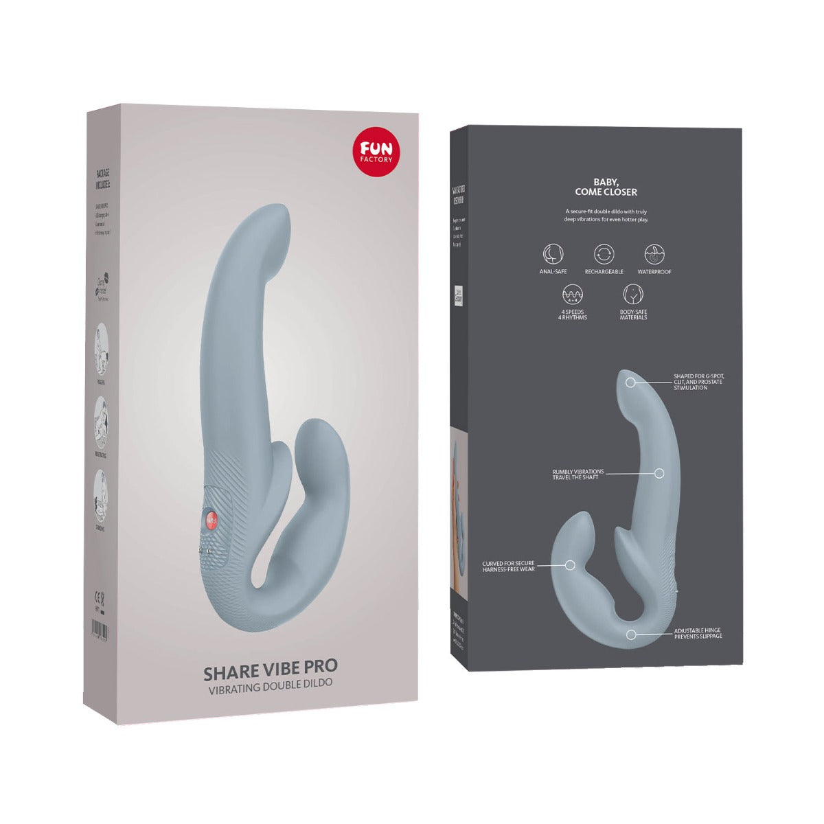 Fun Factory - Share Vibe Pro Vibrating Strapless Strap-on Double-Ended Dildo Cool Grey