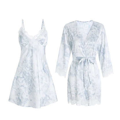 Aura Toile Print Nightdress & Robe Set (XS-M)