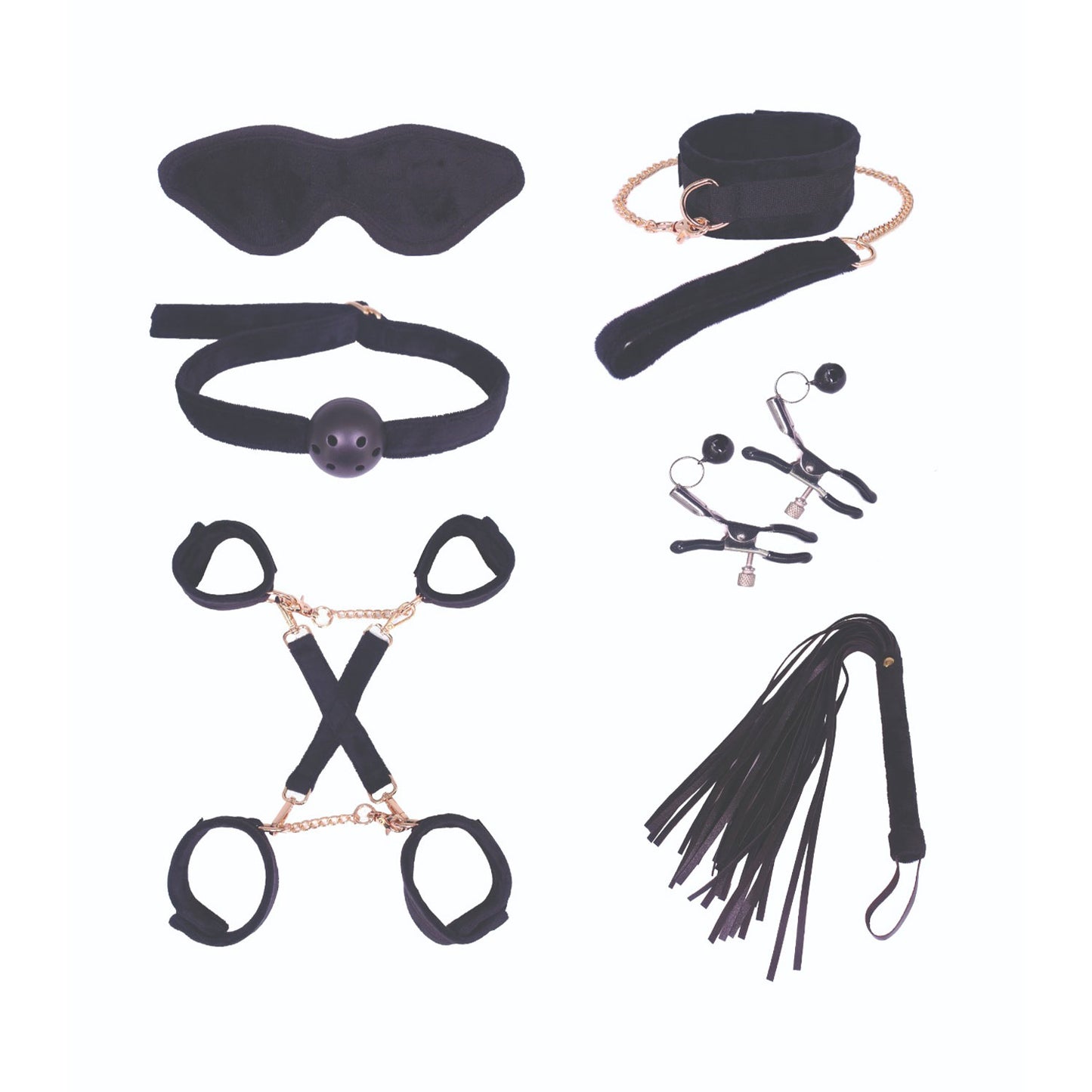 SM Club - Black and Gold Soft Touch Plush BDSM Intermediate 8-piece Set