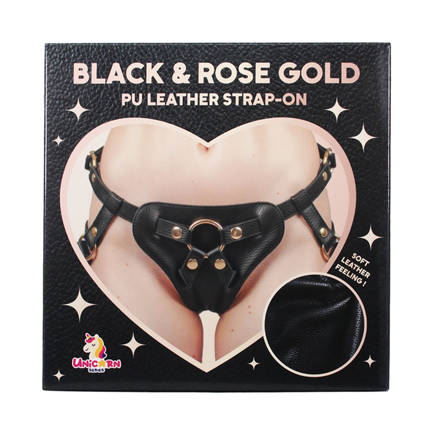 Unicorn Collections - Black and Rose Gold PU Leather Strap-On Harness